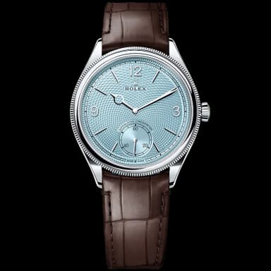 Rolex 1908 Platinum Ice Blue Dial Brown Band 39mm
